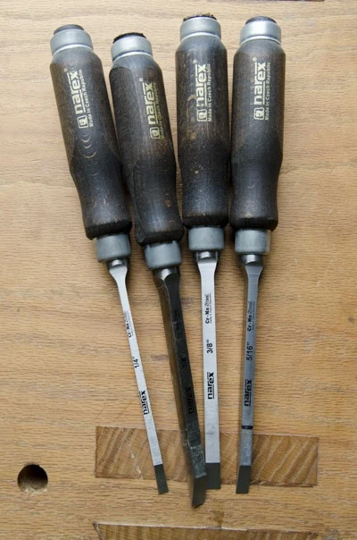 Four Narex Mortise Chisel Set Or Mortice Chisels Sitting On A Roubo Workbench