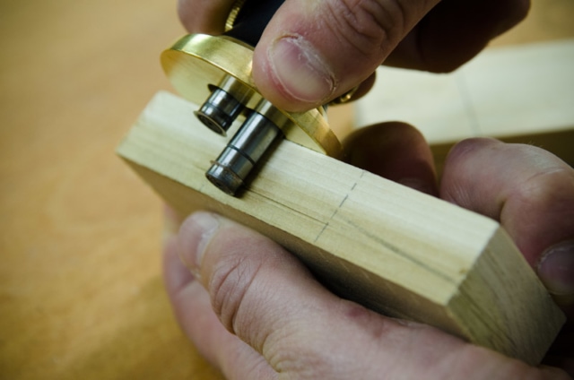 Using A Wheel Mortise Gauge To Scribe A Line On A Mortise On A Mortise And Tenon Joint