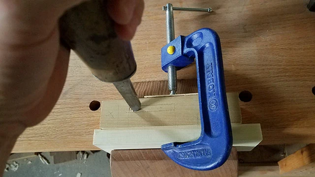 Kobalt Quick Release C-Clamp Wood Clamp Holding A Table Leg For Chopping A Mortise With A Mortice Chisel