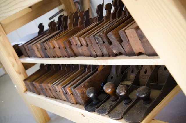 Moulding Planes And Hand Planes On A Moravian Workbench Shelf For Hand Tool Woodworking