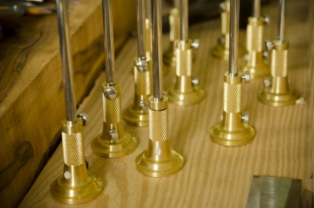 Large Collection Of Taytools Brass Marking Cutting Gauges Sitting In A Moravian Workbench Tool Tray